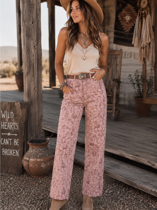Recreation Pants - High-Rise straight Leg Floral Pants - Pink